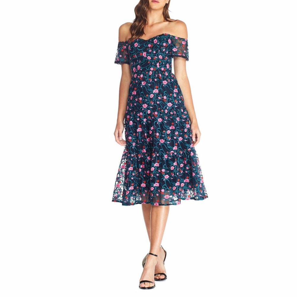 NWOT Dress the Population River MIDI Dress NAVY Floral - SIZE L